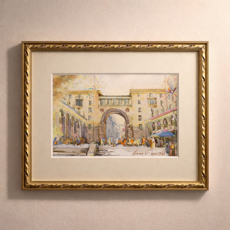 Акварель Ольги Бикової «Хрещатик. Пасаж. Київ», 2011 — міський пейзаж Пасажу на Хрещатику в Києві.
